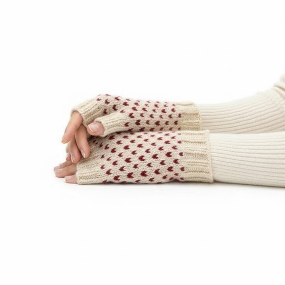 Handknit Tiny Hearts Fingerless Gloves Valentines Love New
